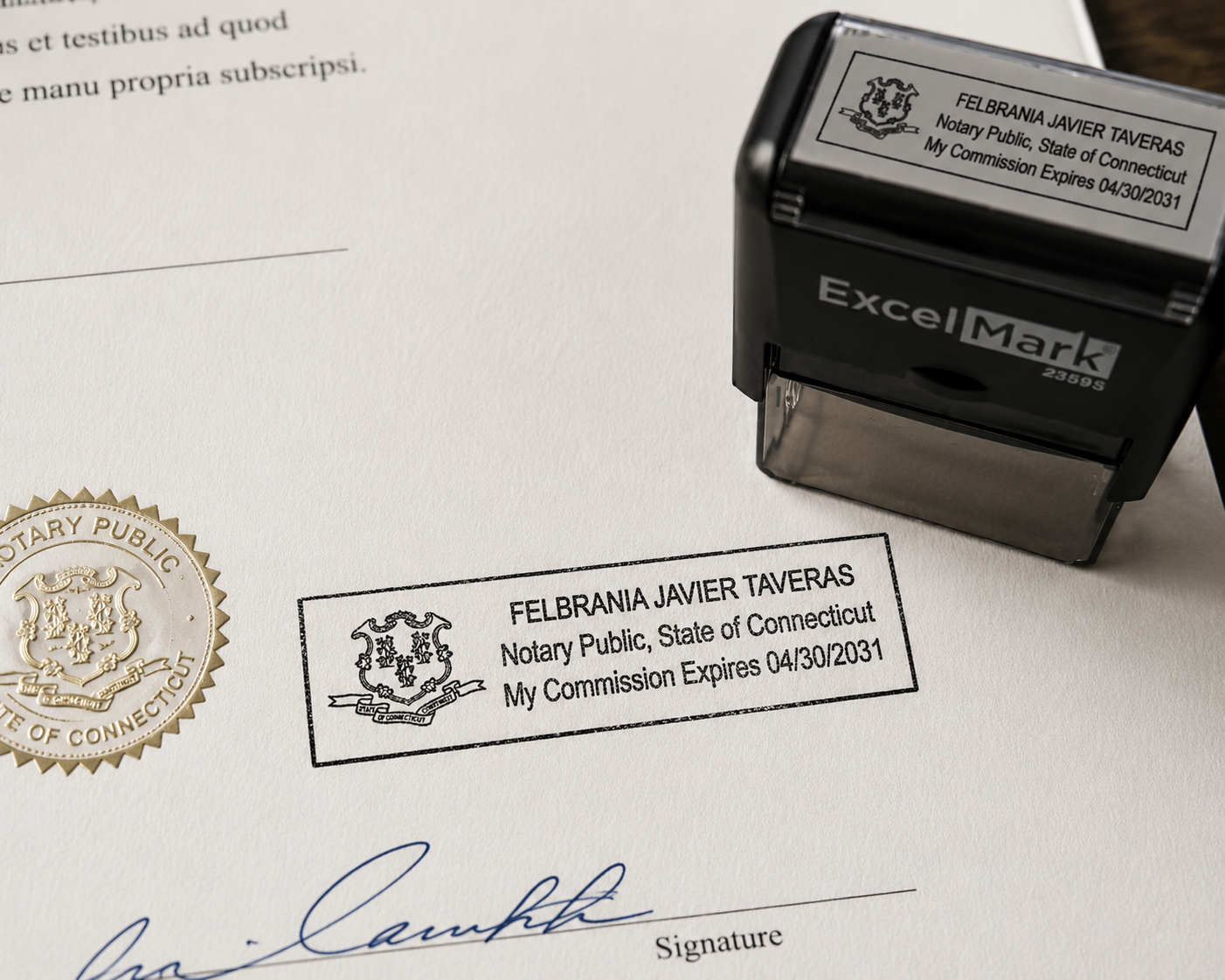 Official Connecticut notary public stamp of Felbrania Javier Taveras on a notarized document